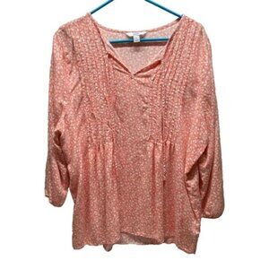 Croft & Barrow Blouse Women's Large Salmon Pink Floral V-Neck 3/4 Sleeve Top EUC